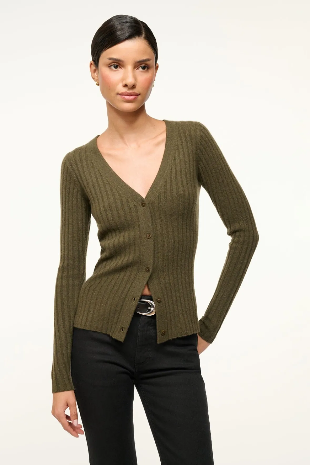 STAUD CARGO CASHMERE SWEATER DARK OLIVE> Sweaters