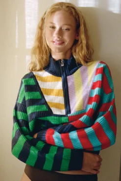 STAUD CASHMERE CROPPED HAMPTON SWEATER CABANA STRIPE MULTI><noscript><img width=