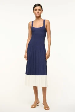 STAUD ELLISON DRESS NAVY WHITE> Knit Dresses|Midi Dresses
