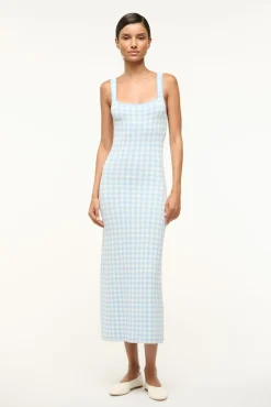STAUD KATIE DRESS SKY GINGHAM> Knit Dresses|Midi Dresses