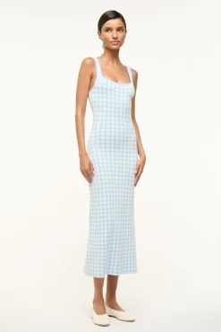 STAUD KATIE DRESS SKY GINGHAM> Knit Dresses|Midi Dresses