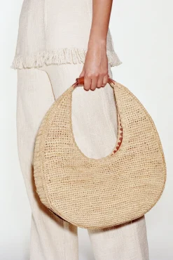 STAUD LARGE RAFFIA MOON TOTE BAG NATURAL TAN><noscript><img width=