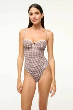STAUD MAEVE ONE PIECE DARK CHOCOLATE MICRO CHECK><noscript><img width=