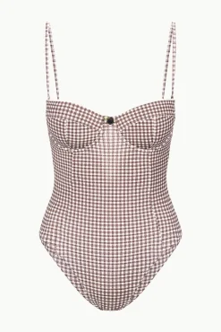 STAUD MAEVE ONE PIECE DARK CHOCOLATE MICRO CHECK><noscript><img width=