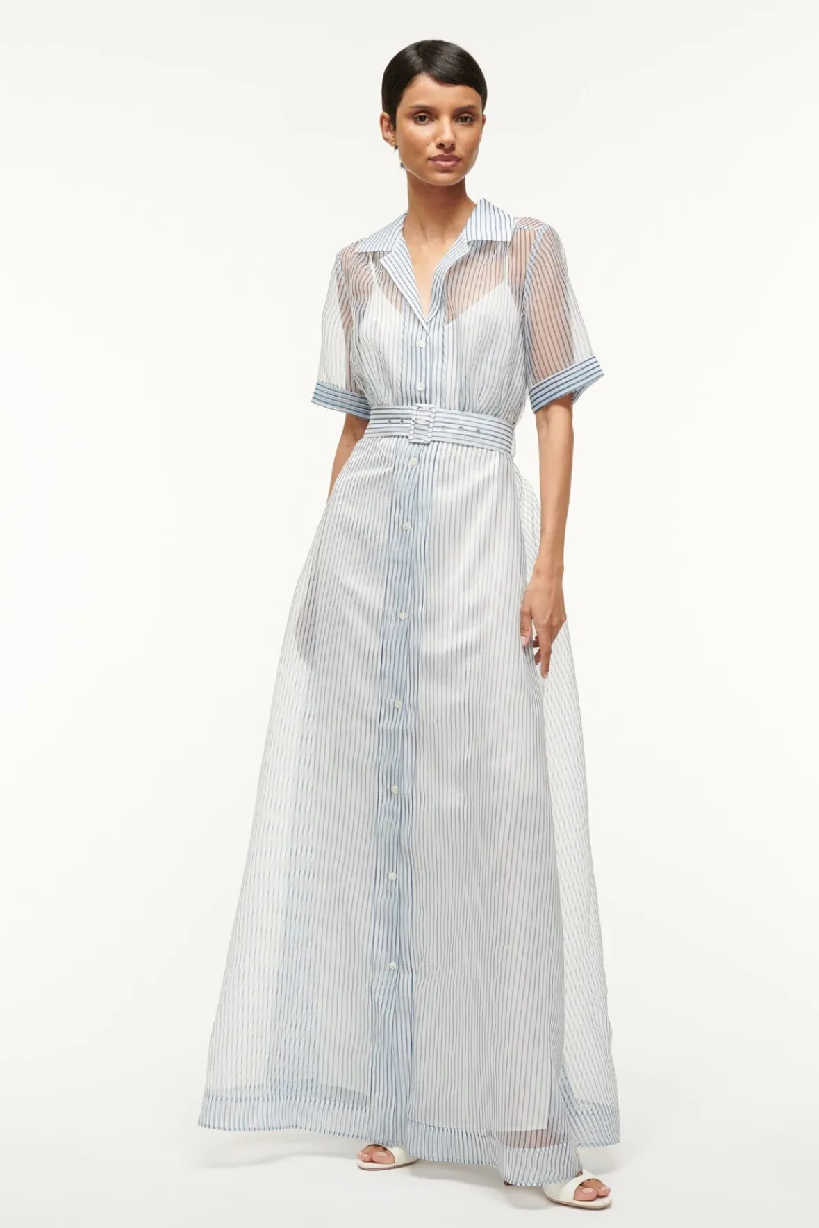 STAUD MILLIE DRESS IVORY MICRO STRIPE> The Evening Edit