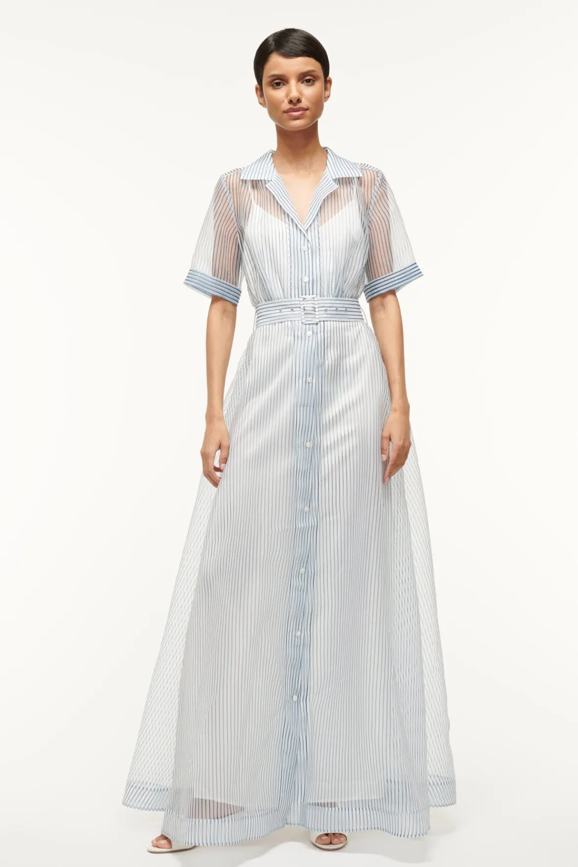 STAUD MILLIE DRESS IVORY MICRO STRIPE> The Evening Edit