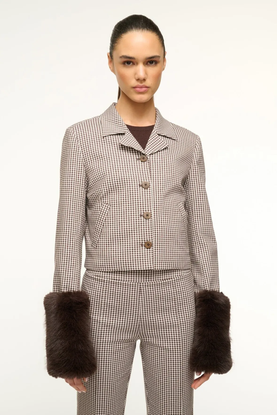 STAUD REGENCY JACKET DARK CHOCOLATE MICRO CHECK> Outerwear & Jackets