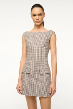 STAUD WALKER DRESS DARK CHOCOLATE MICRO CHECK> Mini Dresses|Dresses