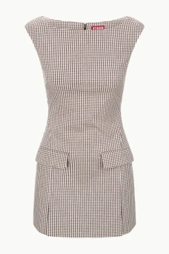 STAUD WALKER DRESS DARK CHOCOLATE MICRO CHECK><noscript><img width=