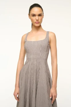 STAUD WELLS DRESS DARK CHOCOLATE MICRO CHECK> Midi Dresses|Dresses