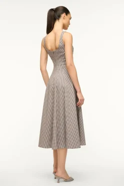 STAUD WELLS DRESS DARK CHOCOLATE MICRO CHECK><noscript><img width=
