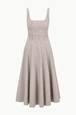 STAUD WELLS DRESS DARK CHOCOLATE MICRO CHECK><noscript><img width=